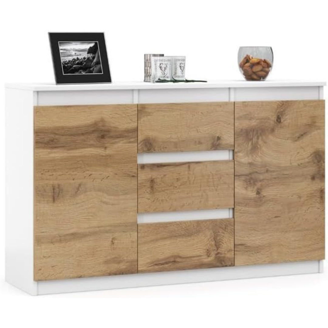 Une silhouette equilibree pour ce commode avec tiroirs, avec portes, teinte blanc et chene, reference SS01853