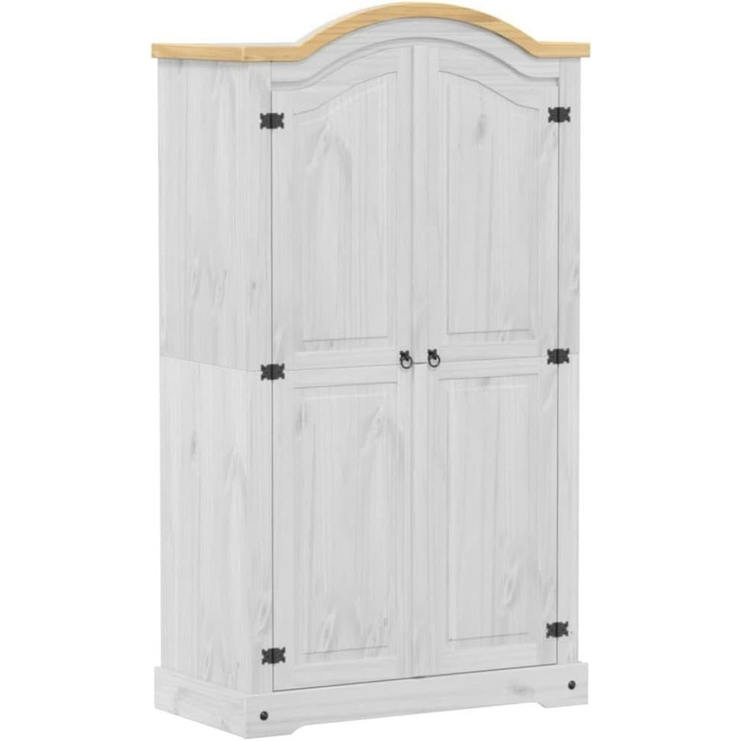 Une silhouette equilibree pour ce armoire avec portes, aux accents metalliques, teinte blanc et bois naturel