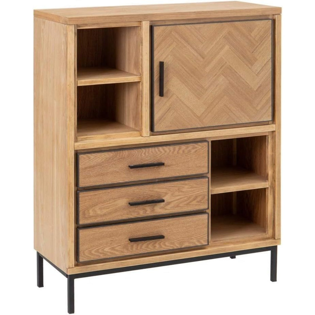Une touche de caractere, buffet aux accents metalliques, a l'aspect bois dans un ton naturel et bois naturel
