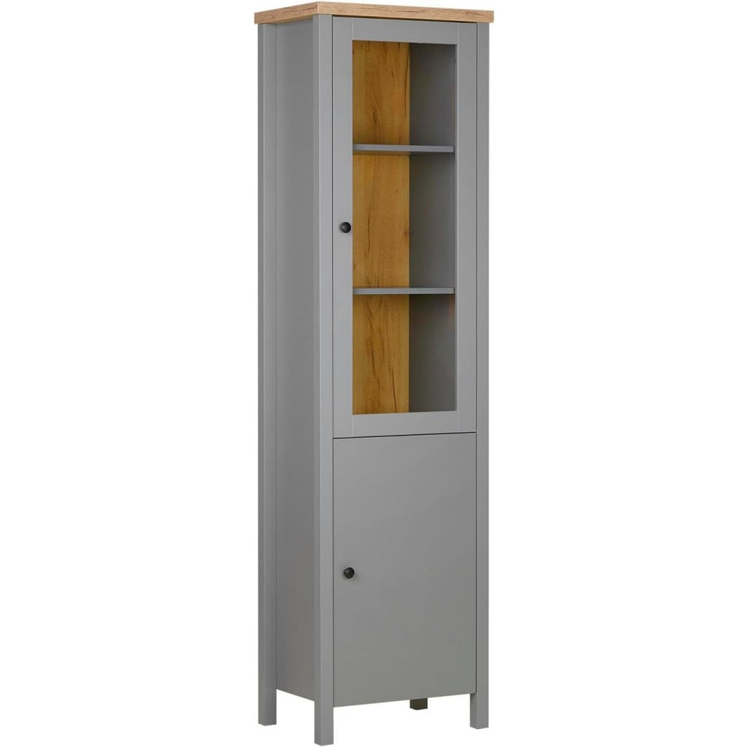 Pour un interieur harmonieux, buffet avec portes, avec etageres en finition gris et bois naturel, reference U