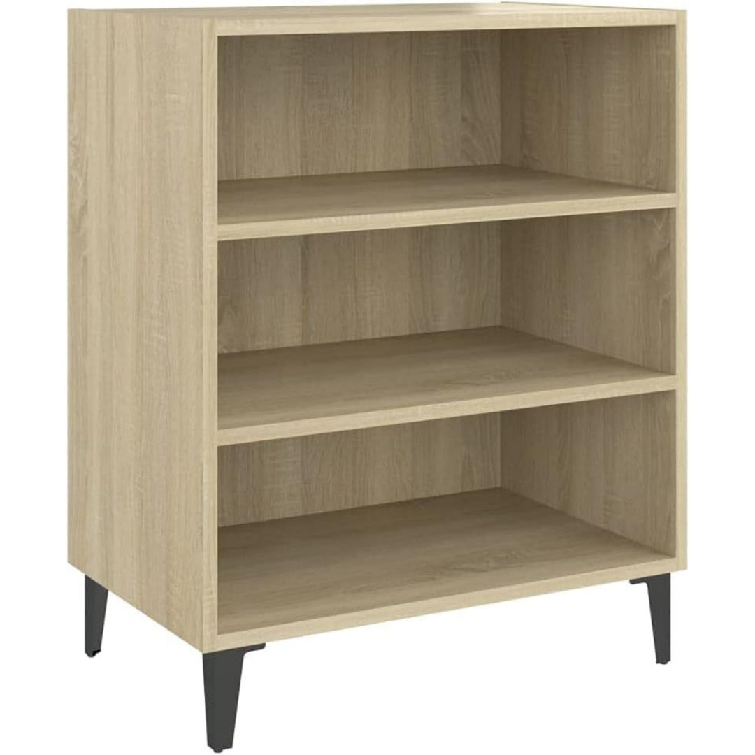 Une silhouette equilibree pour ce buffet avec etageres, aux accents metalliques, teinte chene et bois naturel