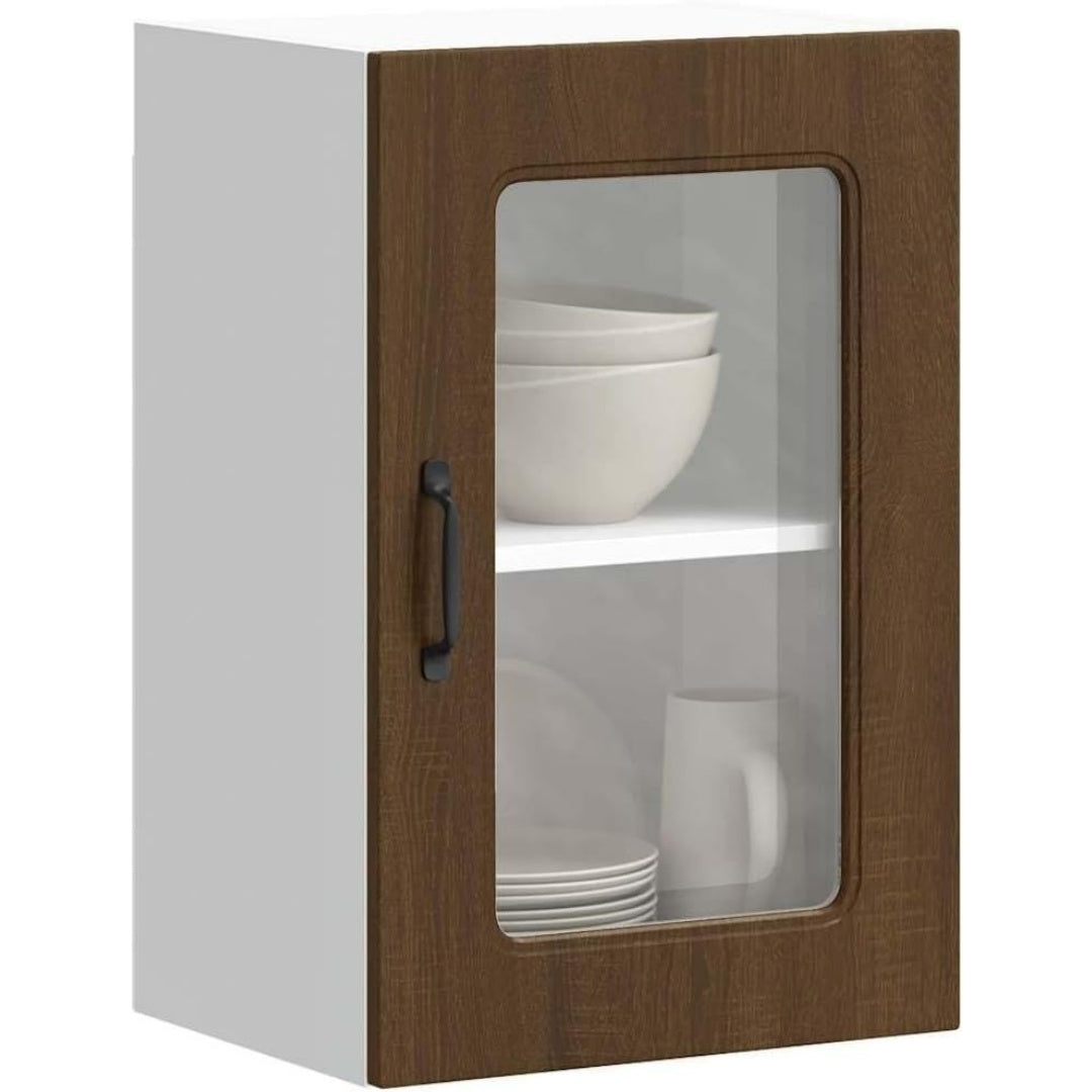 Pour un interieur harmonieux, buffet avec portes, avec elements vitres en finition chene et marron, reference