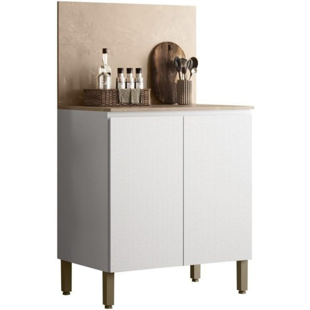 Une silhouette equilibree pour ce buffet avec portes, avec etageres, teinte blanc et beige, reference TM04367