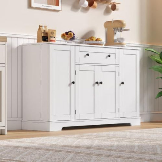Une silhouette equilibree pour ce buffet avec tiroirs, avec portes, teinte blanc et vert, reference EE2168101