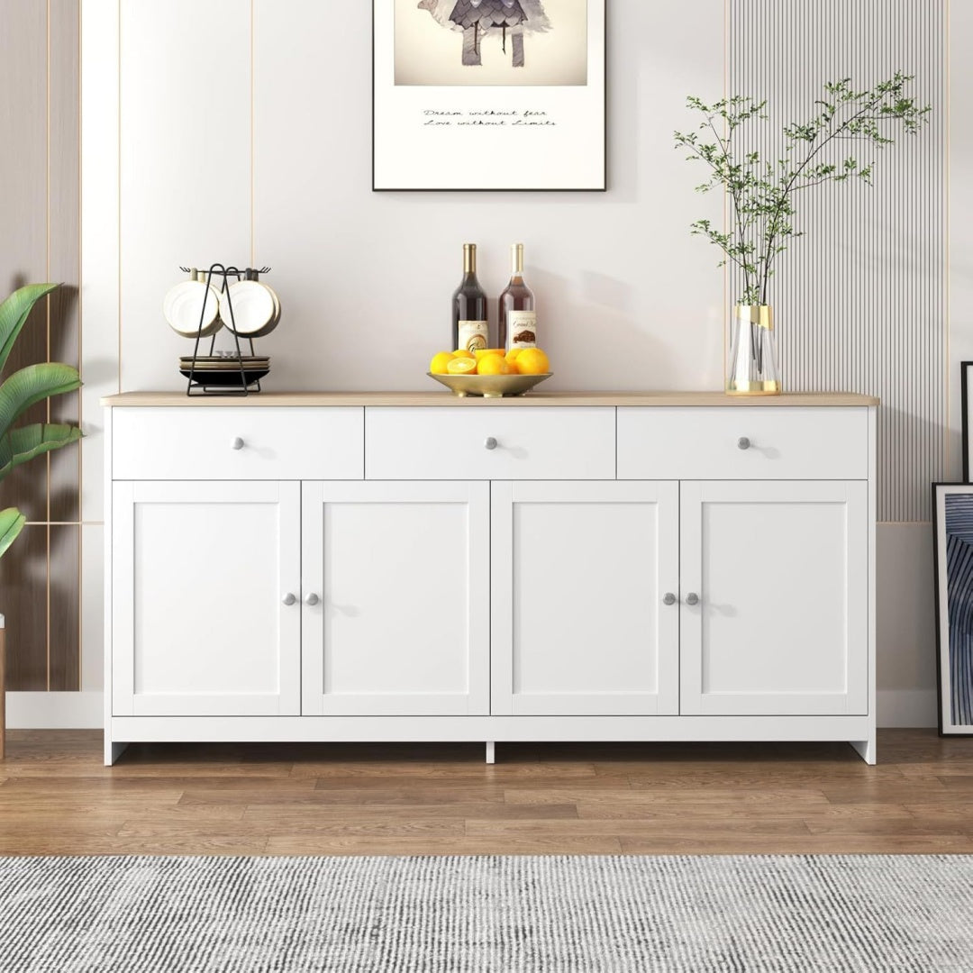 Une touche de caractere, buffet avec tiroirs, avec portes dans un ton blanc et bois naturel, reference PT2385