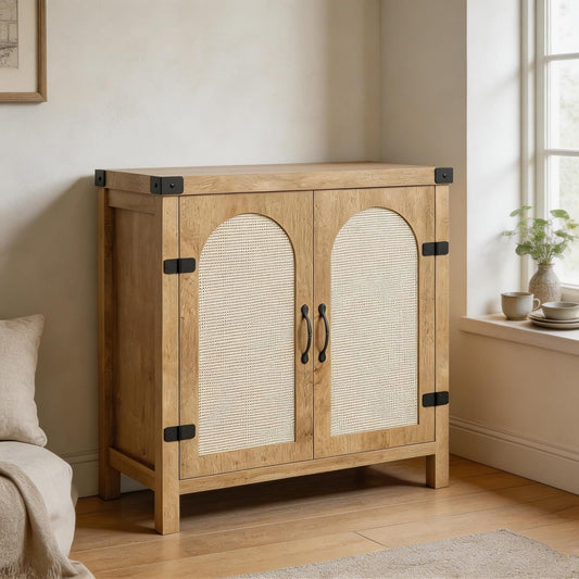 Pour un interieur harmonieux, buffet avec portes, avec etageres en finition noir et naturel, reference BR7667