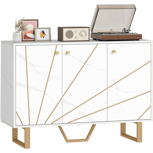 Le charme du rangement avec ce buffet avec etageres, aux accents metalliques, coloris blanc et dore, referenc