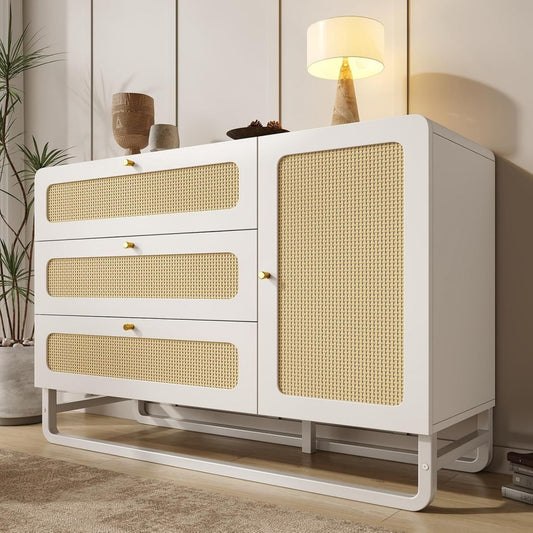 Pour un interieur harmonieux, buffet avec tiroirs, avec portes en finition blanc et naturel, reference LB6381