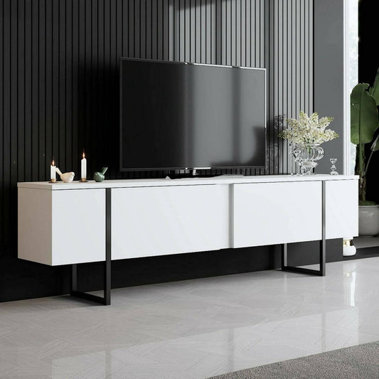 Un espace mieux organise grace a ce buffet avec etageres, aux accents metalliques, finition blanc et noir, re