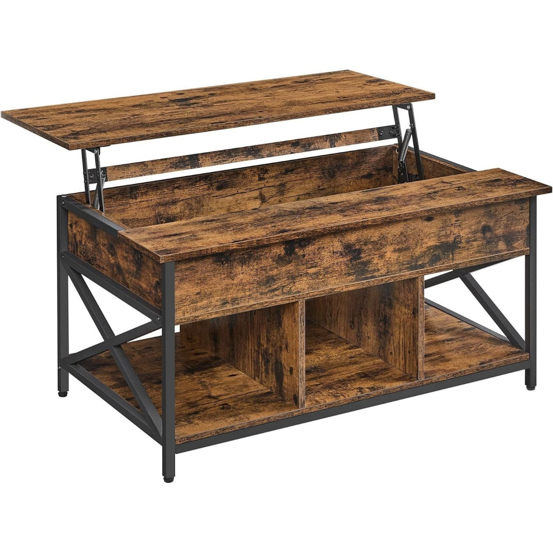 Le charme du rangement avec ce table basse aux accents metalliques, a l'aspect bois, coloris noir et marron