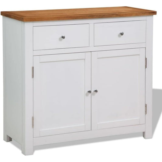 Pour un interieur harmonieux, buffet avec tiroirs, aux accents metalliques en finition blanc et chene, refere