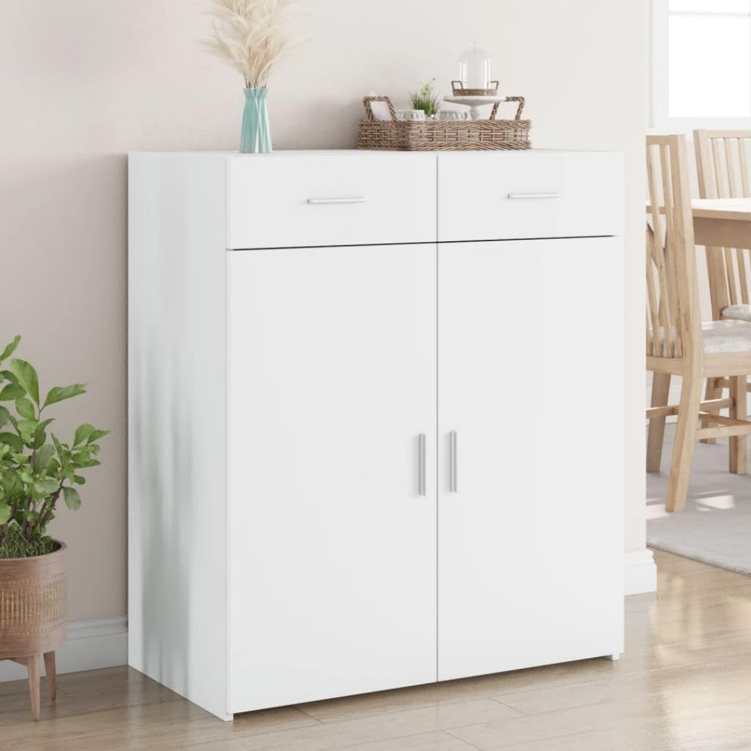 Une silhouette equilibree pour ce buffet avec tiroirs, avec portes, teinte blanc et bois naturel, reference B