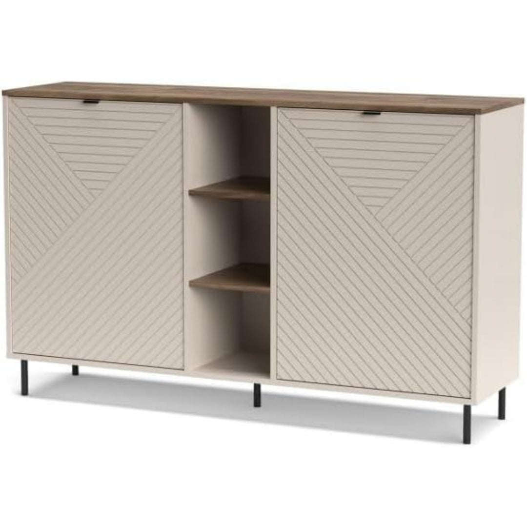 Un espace mieux organise grace a ce buffet avec portes, avec etageres, finition chene et vert, reference TM79