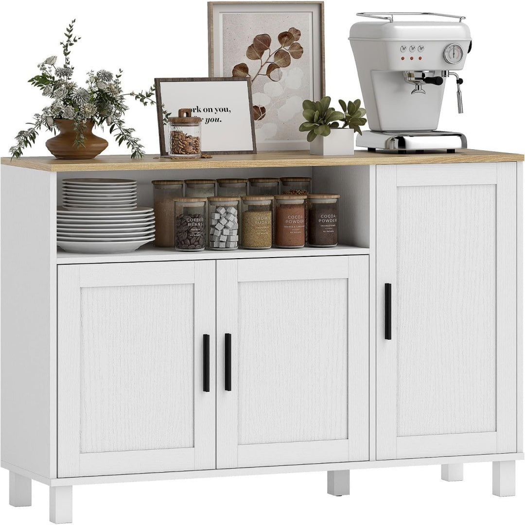 Un espace mieux organise grace a ce buffet avec portes, avec etageres, finition blanc et noir, reference RM76