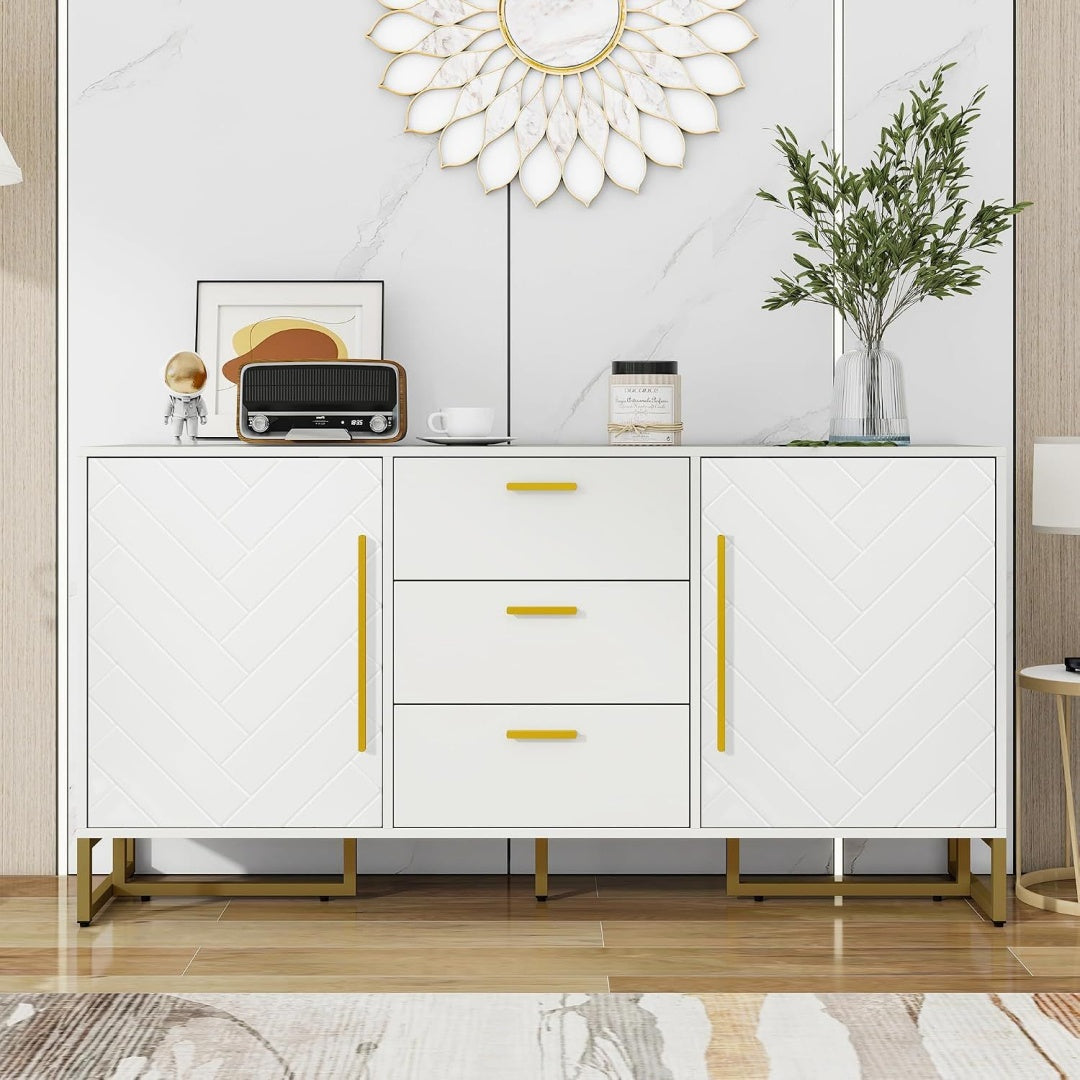 Une silhouette equilibree pour ce buffet avec tiroirs, avec portes, teinte blanc et vert, reference TC9172188
