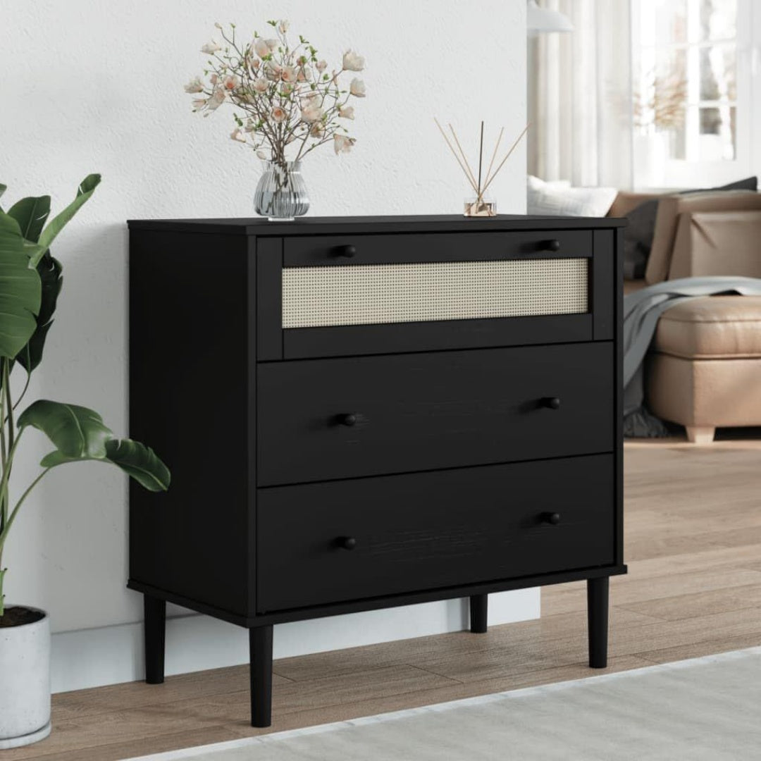 Une touche de caractere, buffet avec portes, avec details en rotin dans un ton noir et bois naturel, referenc