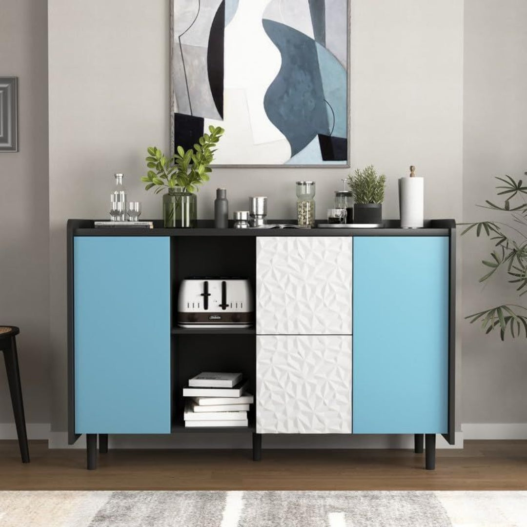 Un espace mieux organise grace a ce buffet avec tiroirs, avec portes, finition noir et vert, reference XA0690