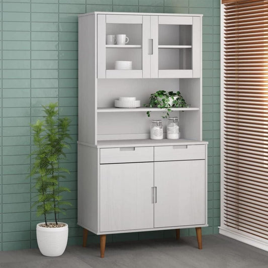 Un espace mieux organise grace a ce buffet avec portes, avec etageres, finition blanc et naturel, reference G