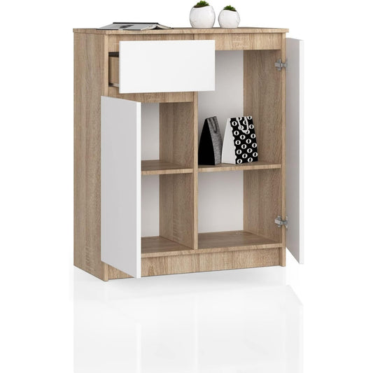 Une silhouette equilibree pour ce buffet avec tiroirs, avec portes, teinte blanc et chene, reference QW482514