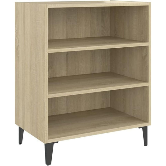 Une silhouette equilibree pour ce buffet avec etageres, aux accents metalliques, teinte chene et bois naturel