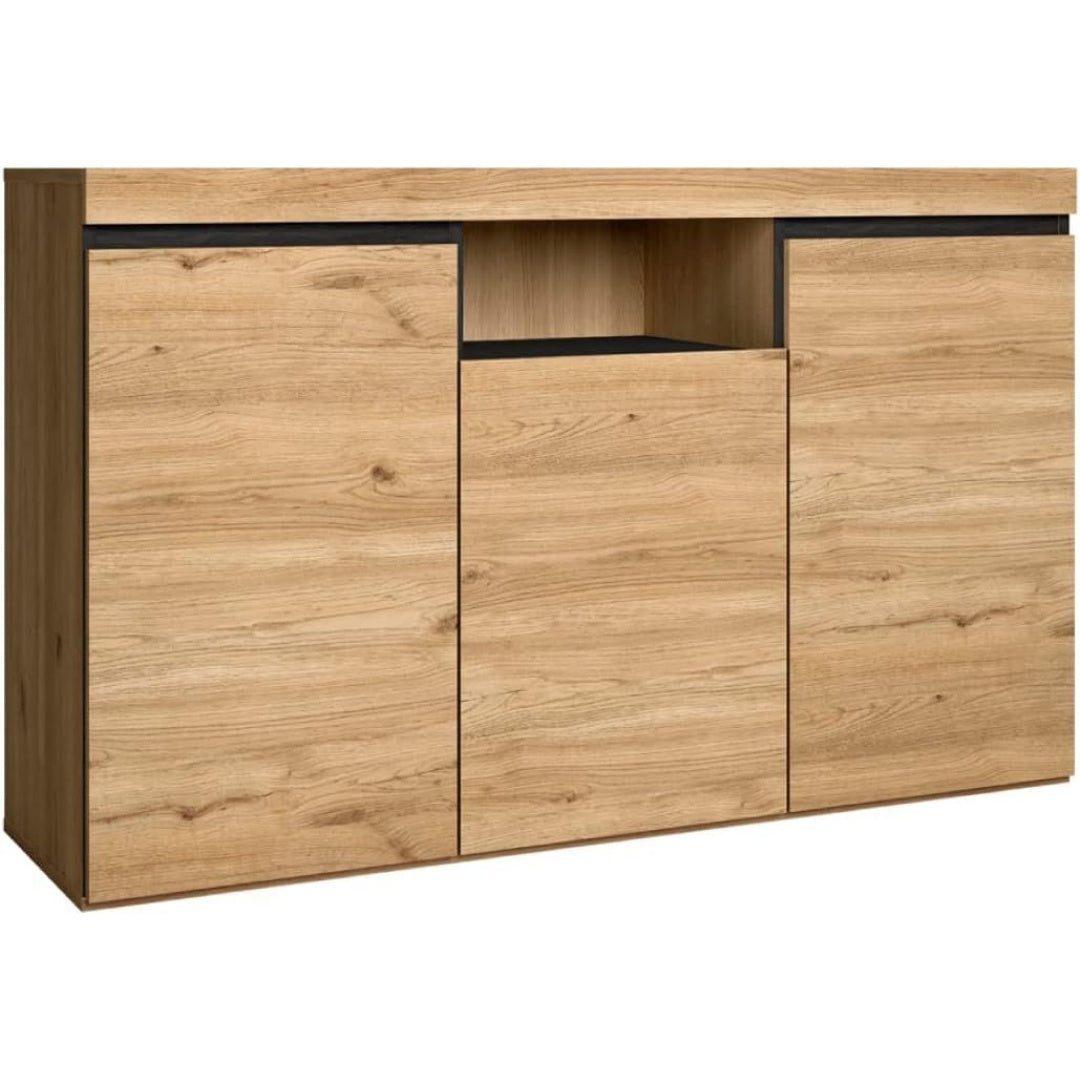 Un espace mieux organise grace a ce buffet avec portes, a l'aspect bois, finition noir et chene, reference RU