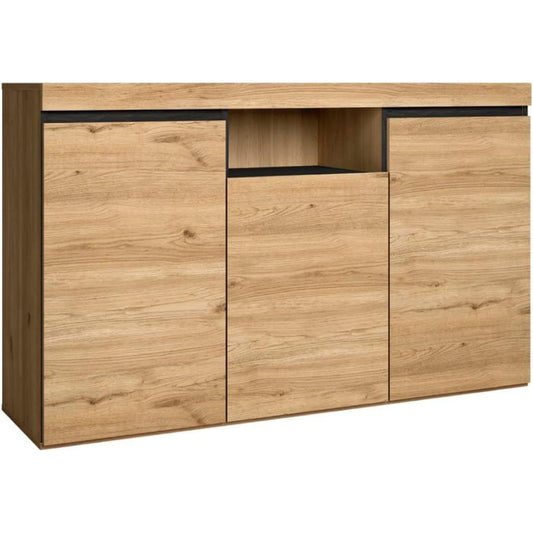 Un espace mieux organise grace a ce buffet avec portes, a l'aspect bois, finition noir et chene, reference RU