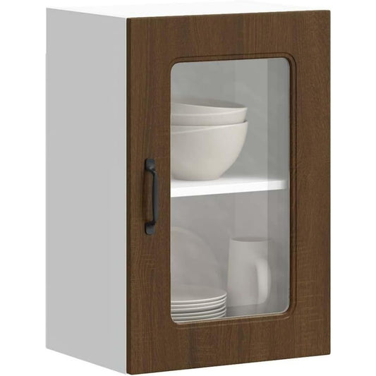 Pour un interieur harmonieux, buffet avec portes, avec elements vitres en finition chene et marron, reference