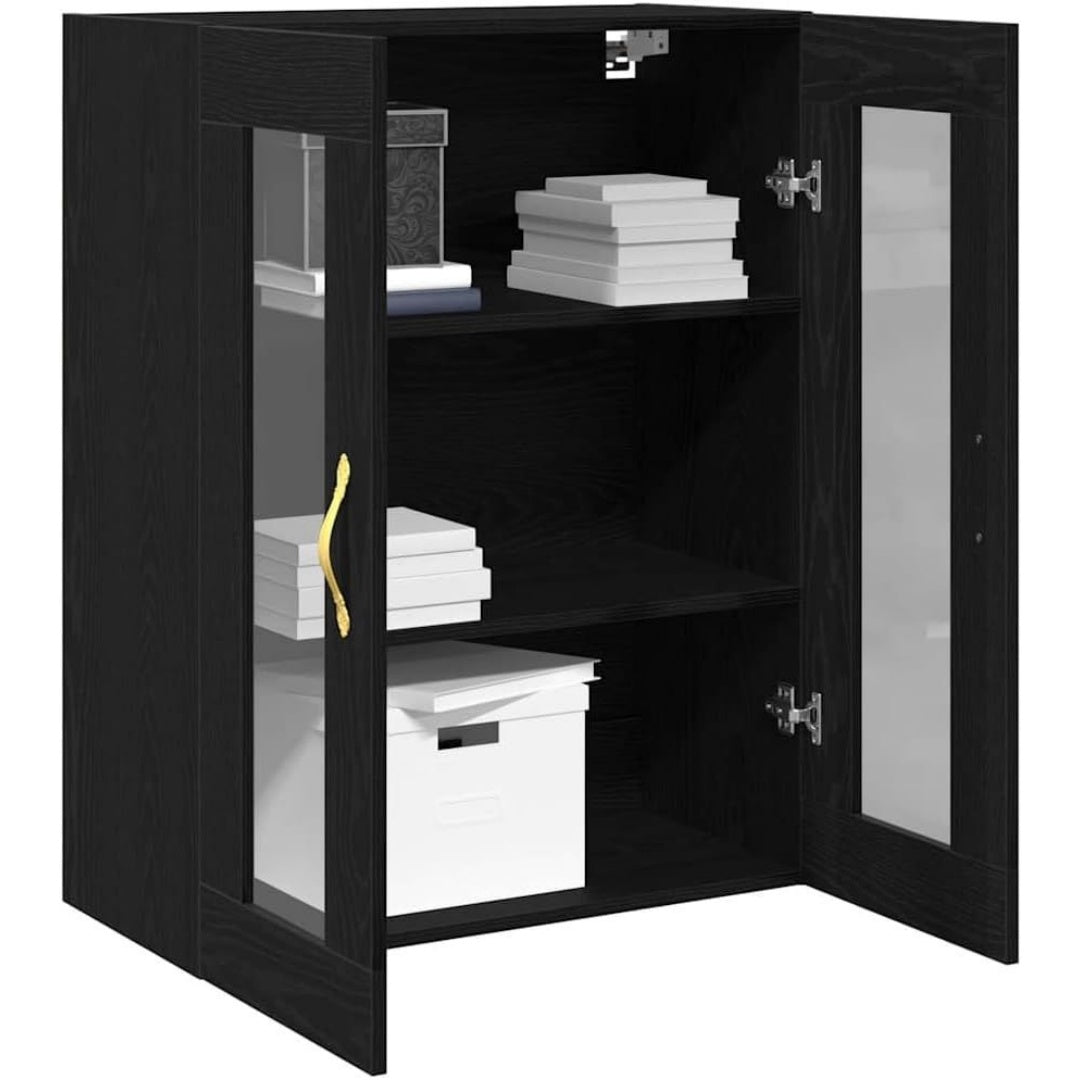 Pour un interieur harmonieux, meuble de rangement avec portes, avec elements vitres en finition noir et chene